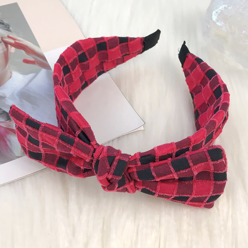 Big Bow Headband for Women Korean Cute Retro Temperament Christmas Hair Clip Checkered Fabric Headband Hair Cave