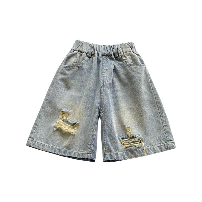 Children's pants boys ripped denim shorts baby outer wear 2024 summer new boys loose shorts