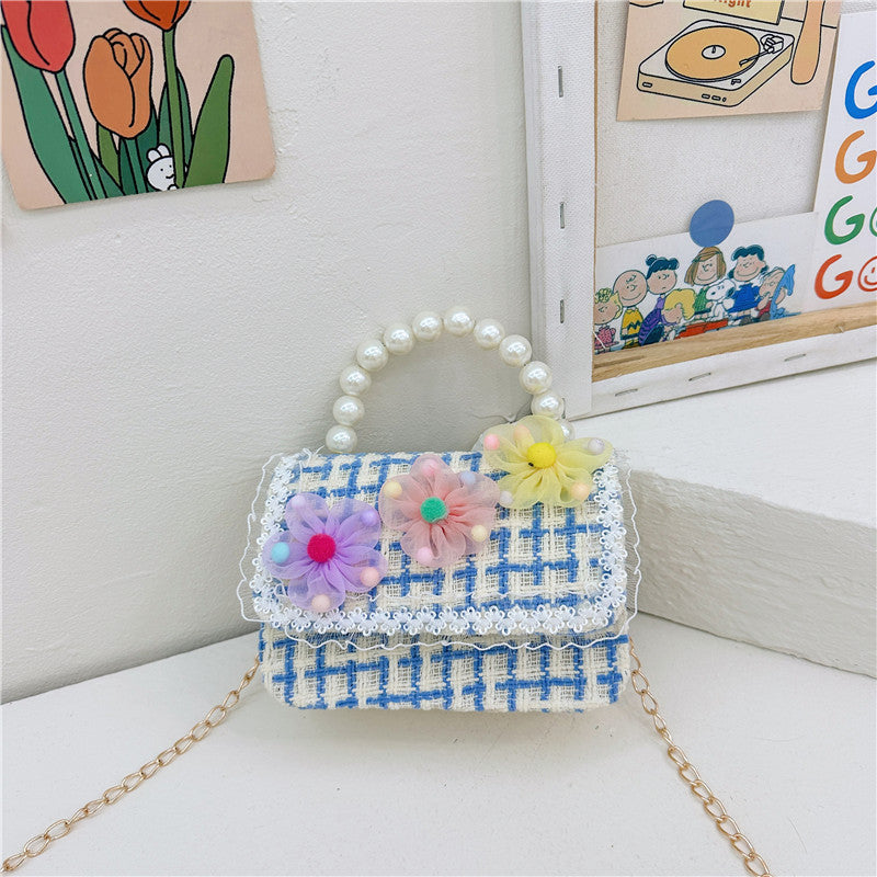 New diamond pattern children's bag fashionable pearl handbag simple chain crossbody small square bag small Chanel style shoulder bag