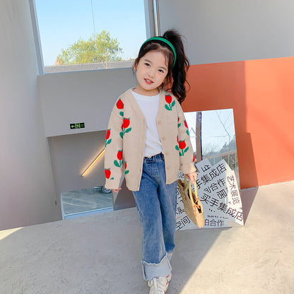 2022 Spring and Summer Korean New Children's Clothing Children's Sweater Cardigan Girls Jacquard Flower Knitted Sweater Children's Coat Trend