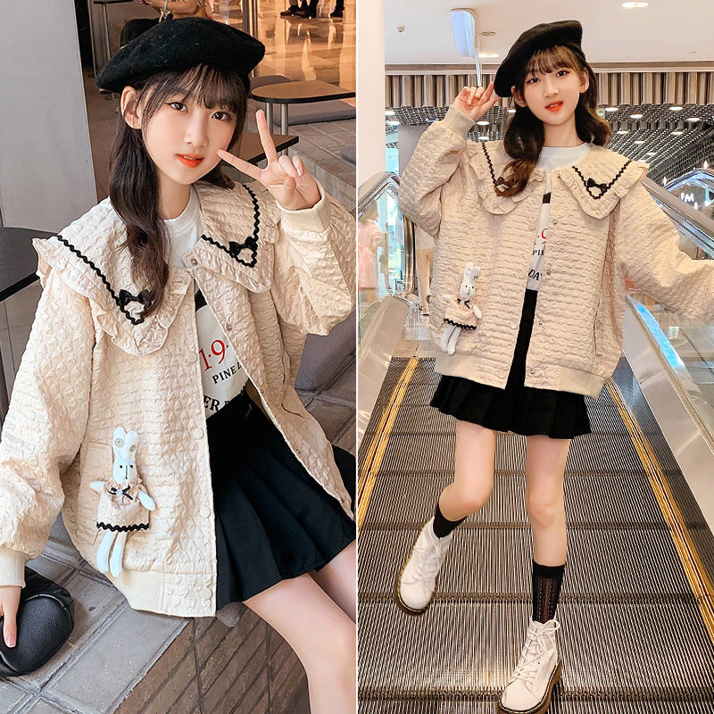 Girls Spring New Jacket 2024 Bubble Fabric Waffle College Style Bow Cardigan Jacket