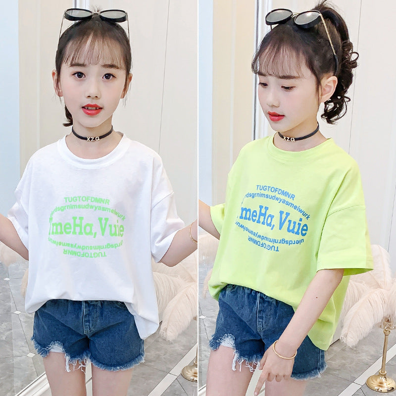 Girls short-sleeved T-shirt summer clothes 2024 new Korean style popular children's clothing middle and large children's summer loose tops