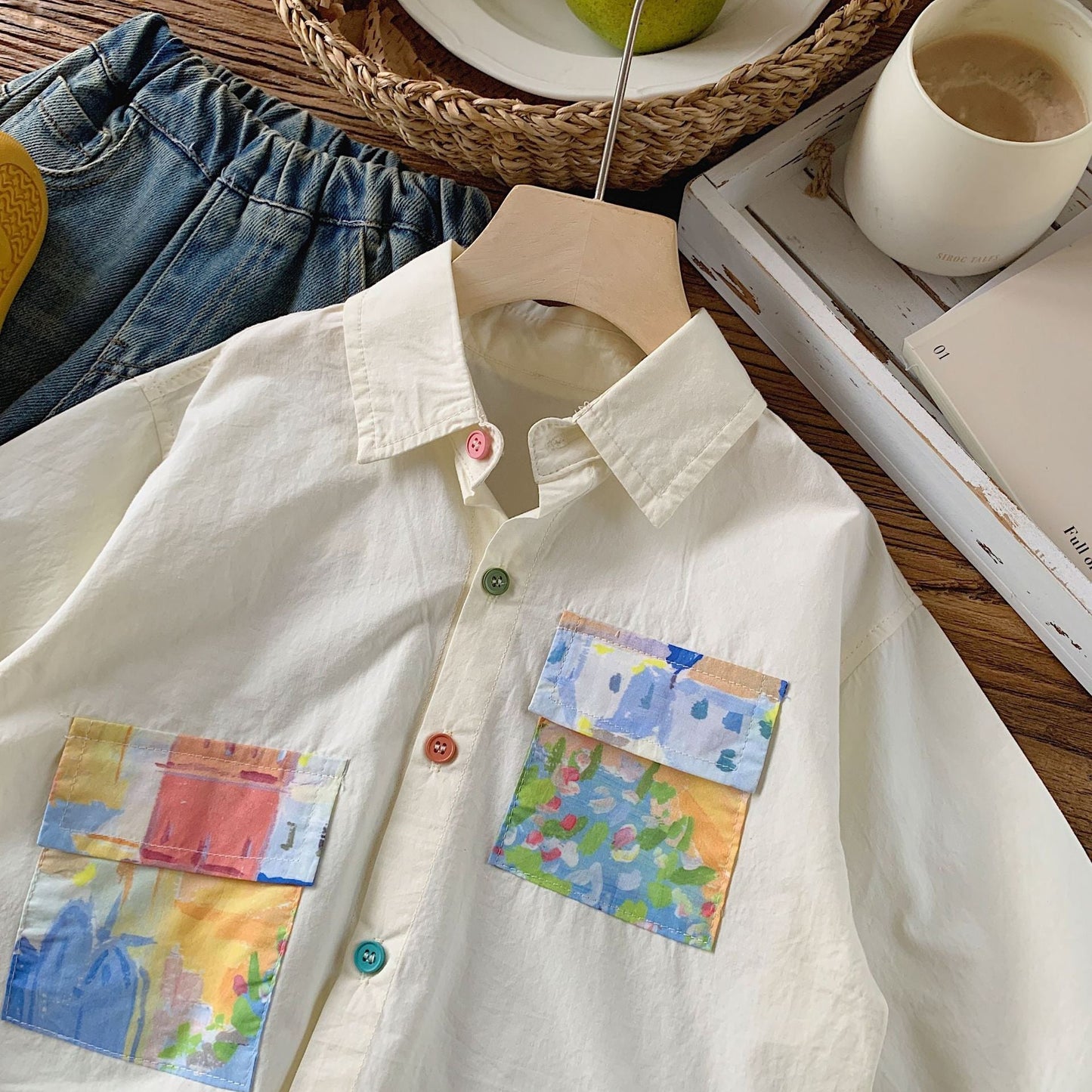 Children's shirt Bangcheng 2024 summer boys' colored button shirt children's clothing trendy painting pocket jacket G0059