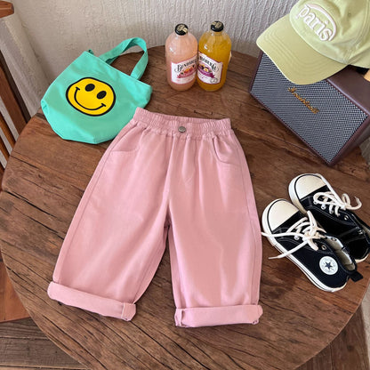 Children's clothing and pants 2024 summer new boys' solid color embroidered trendy shorts children's versatile casual cropped pants