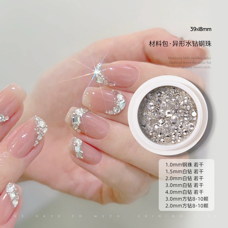 Mini special-shaped white diamond round diamond steel bead combination jewelry reverse French manicure rich daughter style flat bottom rhinestone super flash