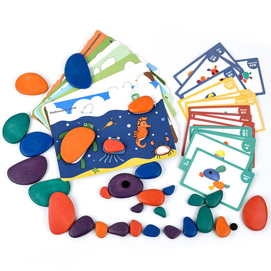 Children's early childhood education colored pebbles stacking high wooden toys kindergarten fun desktop building blocks game