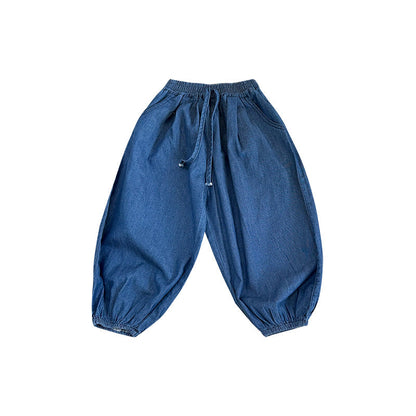 2024 Summer New Korean Version Children's Tencel Denim Bloomers Boys and Girls Casual Drawstring Bloomers Trousers