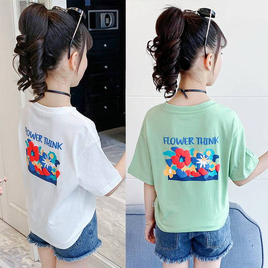 Girls short-sleeved T-shirt summer 2024 new style children's pure cotton tops for middle and large children loose cotton T-shirt