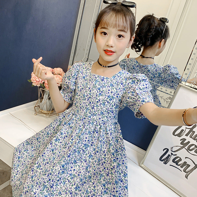 Summer children's pure cotton French palace puff sleeve dress short sleeve floral princess middle and large children slim trend