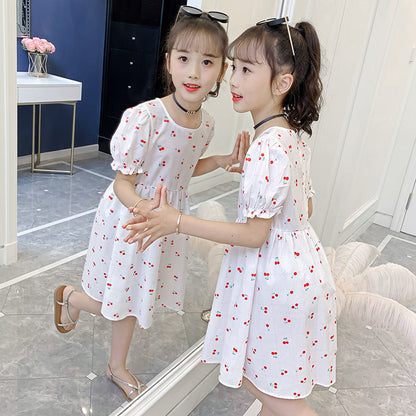 Girls dress 2024 summer new style medium and large children's short-sleeved floral dress pure cotton dress long dress sweet baby dress 