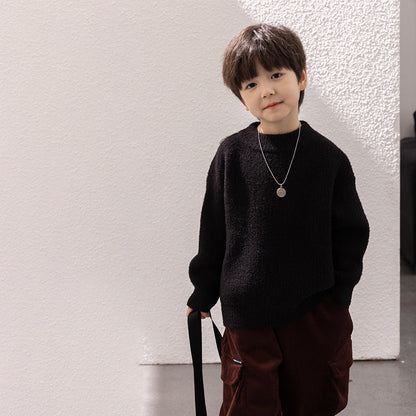 Amo Beibei children's 2023 winter warm sweater for boys and girls baby thickened solid color bottoming round neck sweater