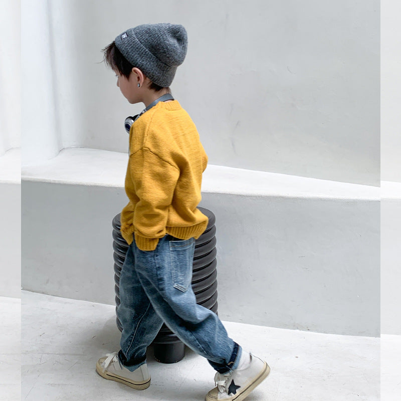 Amo Beibei boy's pants 2024 spring style handsome ripped jeans baby sand washed cotton rogue carrot pants trendy