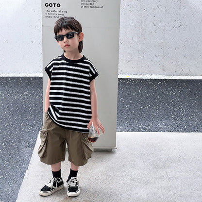 Children's summer clothes boys short-sleeved T-shirt sleeveless vest outer wear 2024 summer new baby loose striped top 5