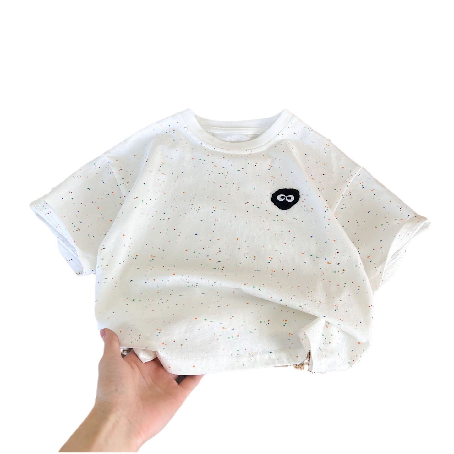 Children's clothing 2024 summer new boys short-sleeved casual coal briquette embroidery color dot simple T-shirt children's cute all-match T