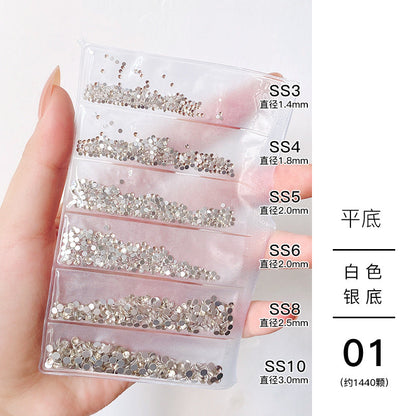 Nail jewelry wholesale 6-grid bagged rhinestones AB diamonds colored diamonds glass diamonds super flash flat bottom diamonds mixed colorful silver bottom