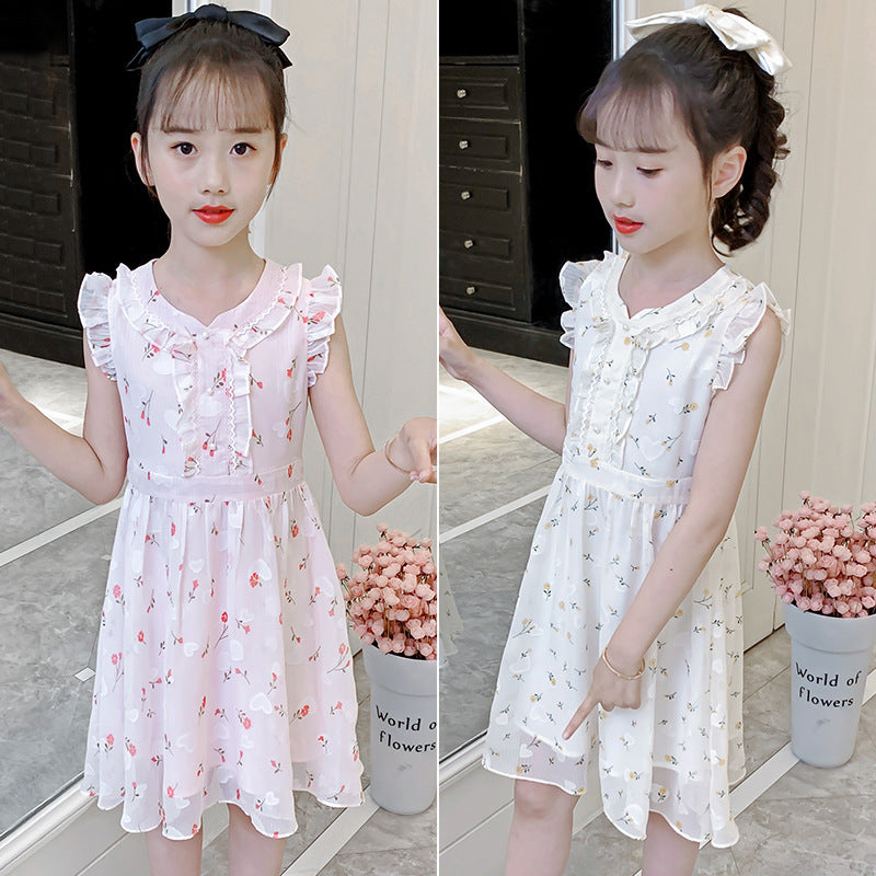 Girls chiffon dress summer 2024 new children's chiffon floral dress fashionable ear-edge flying sleeves princess dress