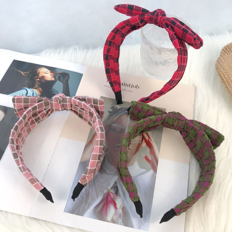 Big Bow Headband for Women Korean Cute Retro Temperament Christmas Hair Clip Checkered Fabric Headband Hair Cave