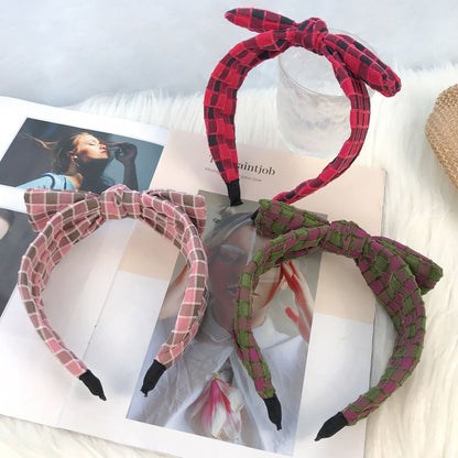 Big Bow Headband for Women Korean Cute Retro Temperament Christmas Hair Clip Checkered Fabric Headband Hair Cave