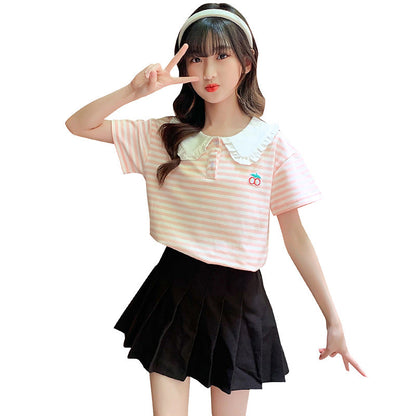 Summer Girls Short Sleeve POLO Shirt Tops Doll Collar Baseball Jacket Tennis Jacket Cotton Middle and Large Children Striped Shirt Sports