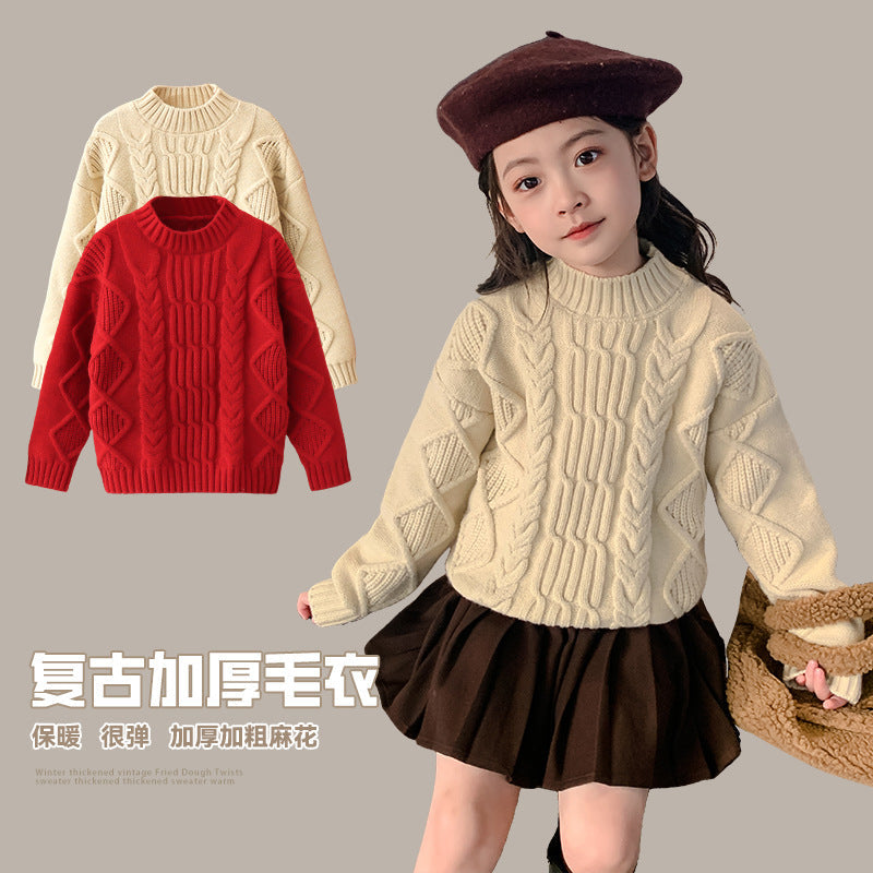 Winter girls' cable knit sweater thickened thick wool retro cherry red stylish warm lazy loose New Year