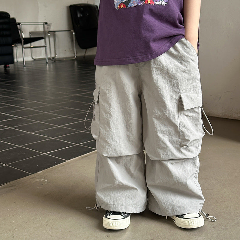 Amo Beibei children's 2024 summer drawstring anti-mosquito pants boys handsome light large pocket loose overalls