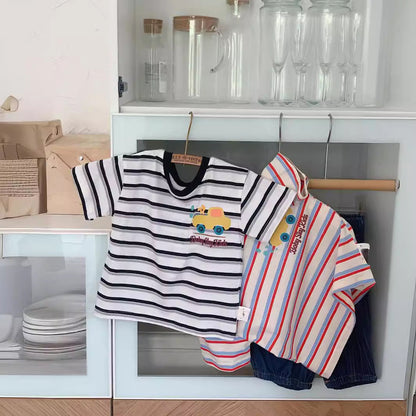 Children's T-shirt Bangcheng 2024 summer children's clothing colorful striped short T-shirt boy short-sleeved cartoon top G0267