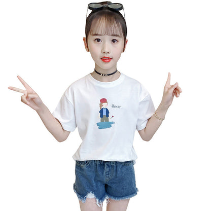 Girls short-sleeved T-shirt 2024 summer new style for middle and large children cartoon print round neck T-shirt sports cotton T top