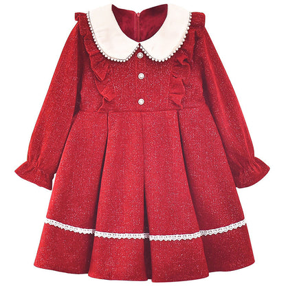 Girls baby 2024 New Year dress New Year dress plus velvet thick skirt flower girl performance show red warm