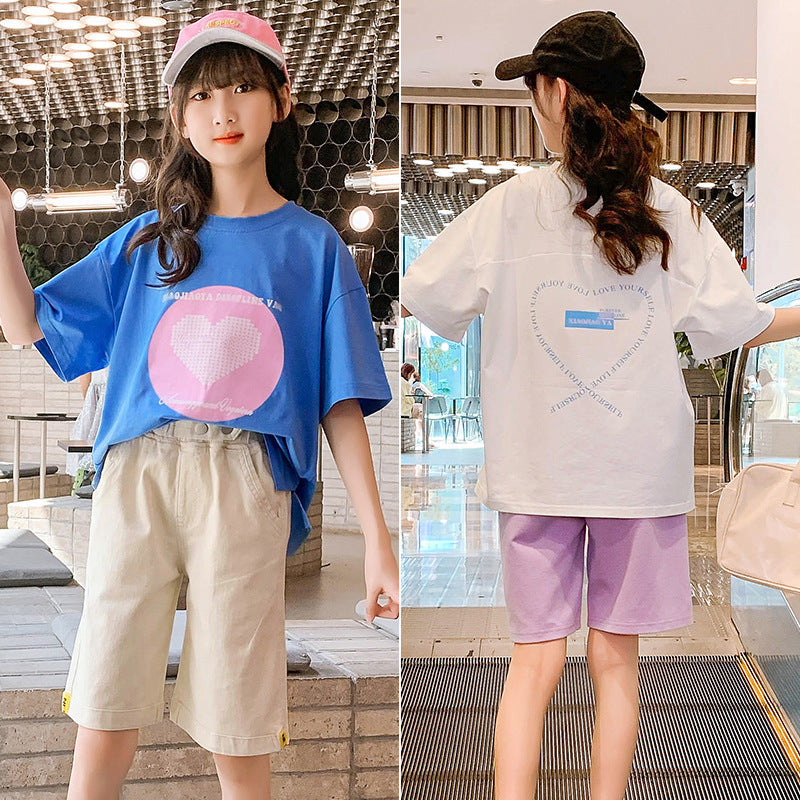 Girls summer cotton short-sleeved T-shirt cartoon print net celebrity top children's medium and large children's T-shirt knitted cotton sweater trend