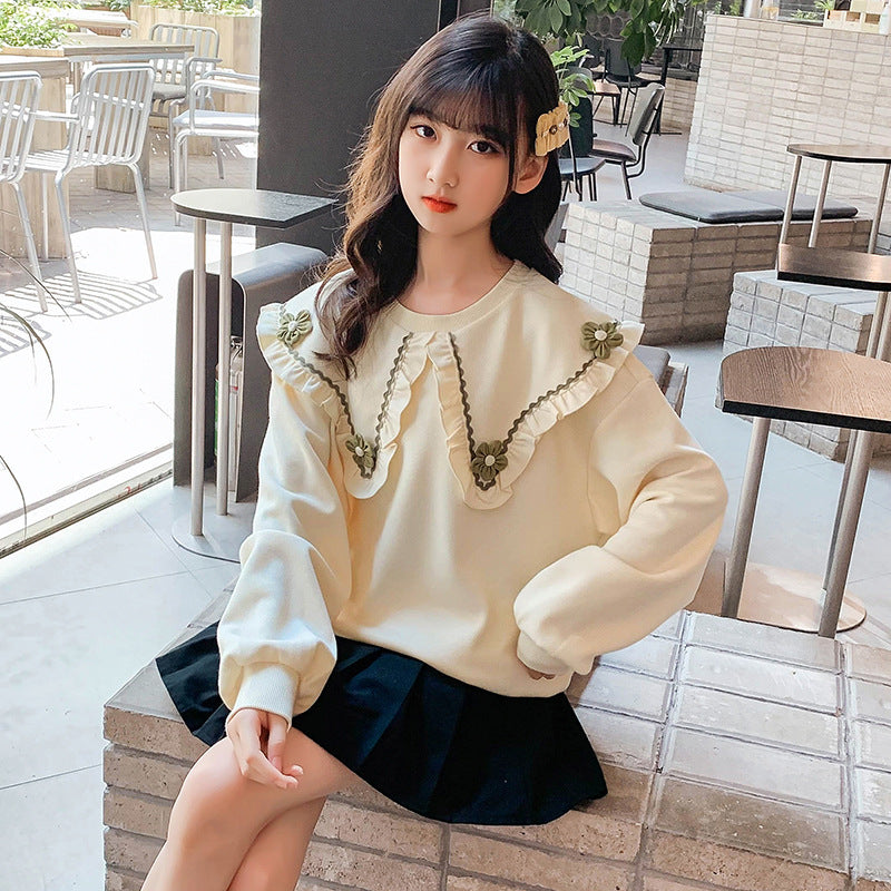 Girls' large lapel college style doll collar wooden ear edge large collar sweater 2024 spring new Korean style flower coat