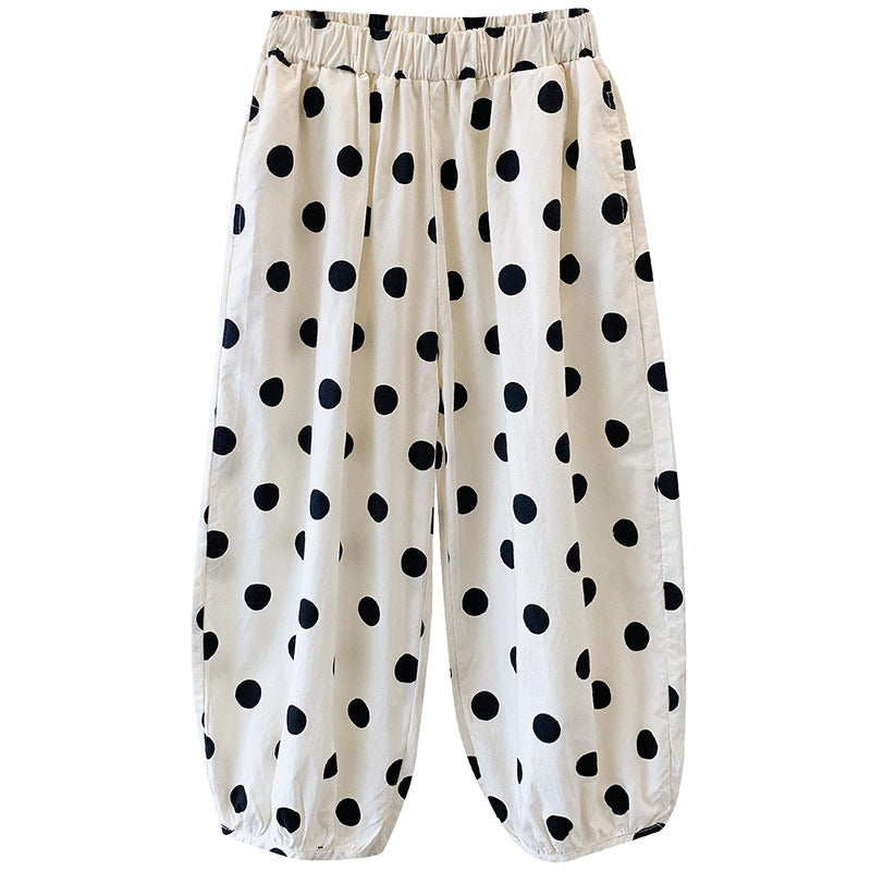 Children's summer cotton bloomers anti-mosquito pants pure cotton polka dot cuffs thin cool fat wide pants boys and girls wide-leg pants