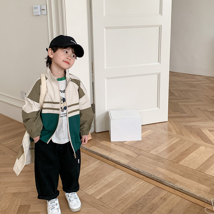 Amo Beibei children's 2024 spring Korean version loose jacket for boys and girls handsome contrasting color casual jacket