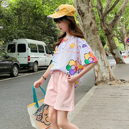 Summer girls flower short-sleeved tops cotton T elastic loose graffiti print fat middle and large children junior high school elementary school T