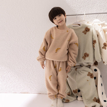 [Clearance Sale] Winter children's thickened velvet warm pajamas baby cloud velvet cartoon home clothes set