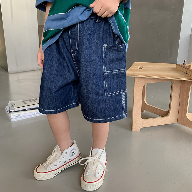 Children's pants boys handsome open-stitch denim shorts baby 2024 summer Korean version big pocket workwear shorts