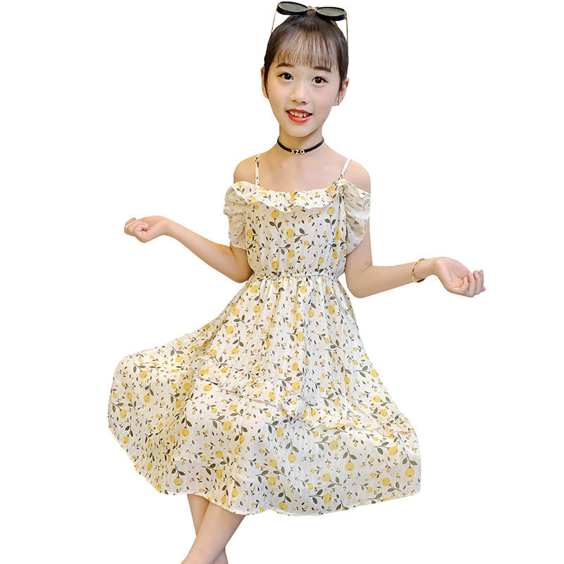 Girls suspender long skirt 2024 new summer clothes for middle and large children floral chiffon dress fashionable skirt trendy spring