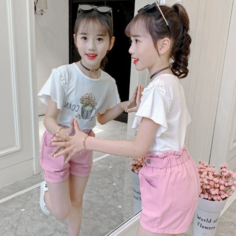 Girls short-sleeved T-shirt 2024 summer new style children's cartoon trumpet sleeve top little girl round neck T-shirt