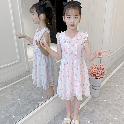 Girls chiffon dress summer 2024 new children's chiffon floral dress fashionable ear-edge flying sleeves princess dress