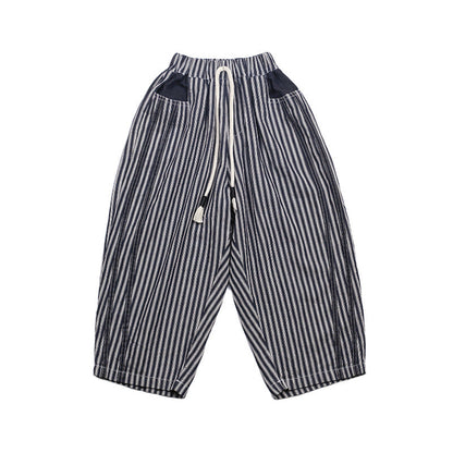 Amo Beibei 2024 summer children's light washed cotton contrast straight pants boys and girls all-match vertical striped jeans