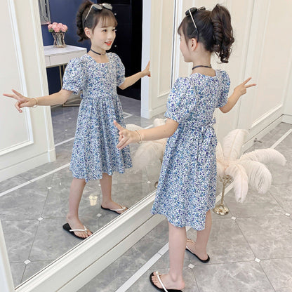 Summer children's pure cotton French palace puff sleeve dress short sleeve floral princess middle and large children slim trend