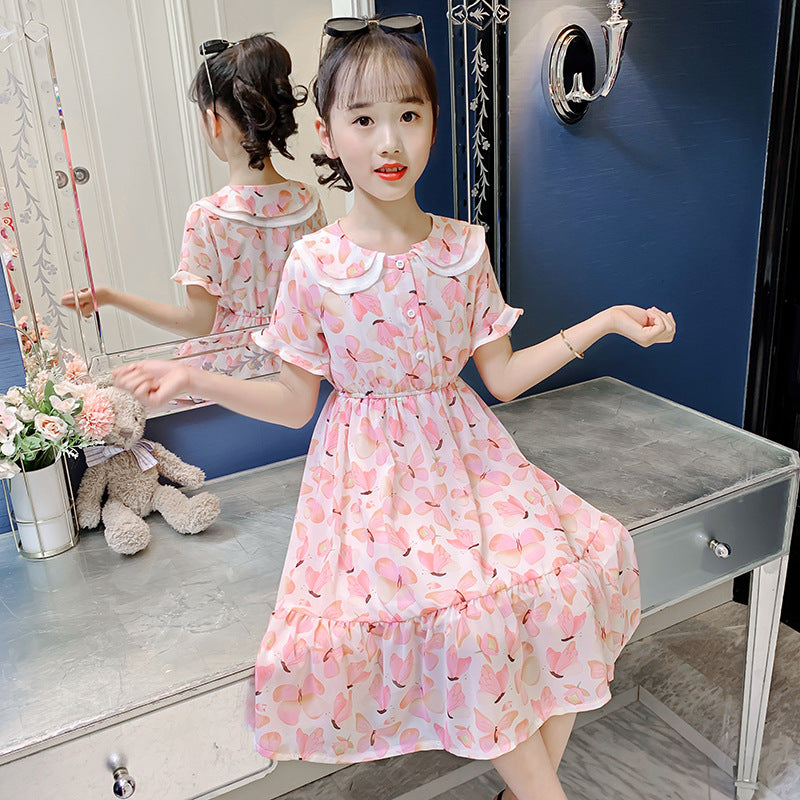 Girls chiffon dress 2024 summer new style doll collar butterfly print princess dress Bohemian holiday dress