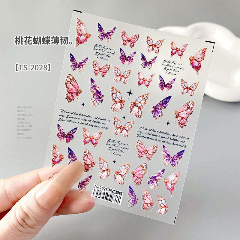 Nail stickers embossed thin and tough peach flower butterfly decals with adhesive backing three-dimensional texture dark style nail patch accessories