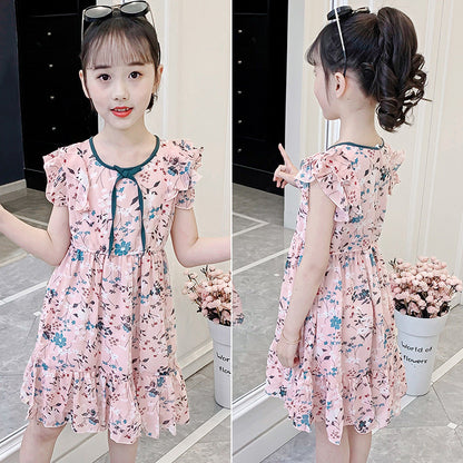 រ៉ូប chiffon floral សម្រាប់ក្មេងស្រី 2024 រដូវក្តៅ រ៉ូបសម្រាប់ក្មេងស្រី រ៉ូបព្រះនាង