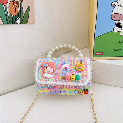 Autumn and winter stylish children's small square bag female fashion girl contrast color chain shoulder bag simple beaded handbag wholesale 