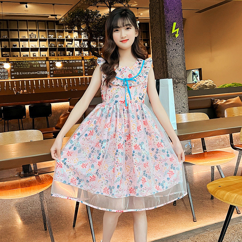 Girls summer fresh floral cotton skirt 2024 new children's stylish princess long skirt medium and large children's flying sleeve gauze skirt