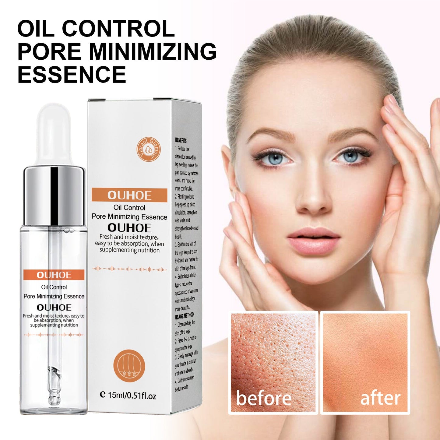 OUHOE Pore Repair Essence ធ្វើអោយស្បែកភ្លឺថ្លា បង្រួមរន្ធញើស ផ្តល់សំណើម ផ្តល់សំណើម និងបន្តឹងស្បែក។ 