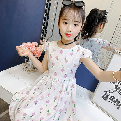 Girls dress 2024 summer new children's stylish printed cotton skirt little girl short-sleeved cartoon vest skirt 