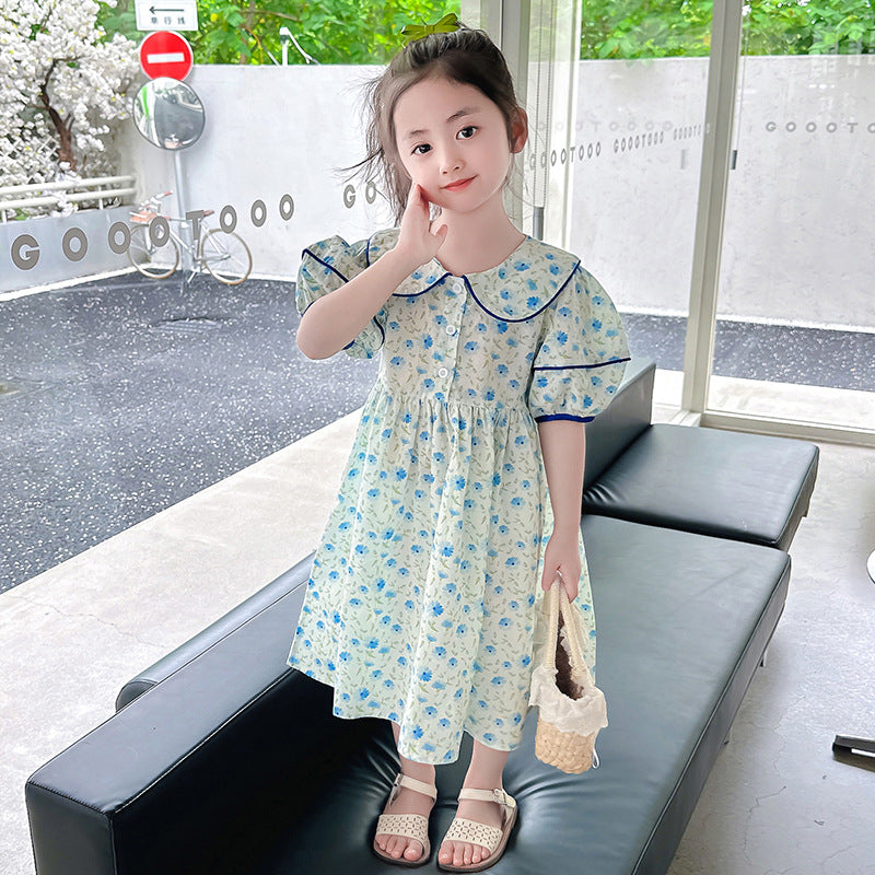 Girls summer cotton dress floral dress cotton princess dress puff sleeve blue middle and large children's pastoral style long dress