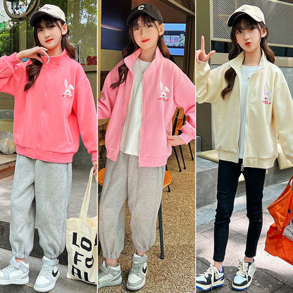 Girls 2024 Spring New Jacket Cardigan Sweater Children's Clothing Western Internet Celebrity Girls Zipper Shirt Street Explosion Elasticity