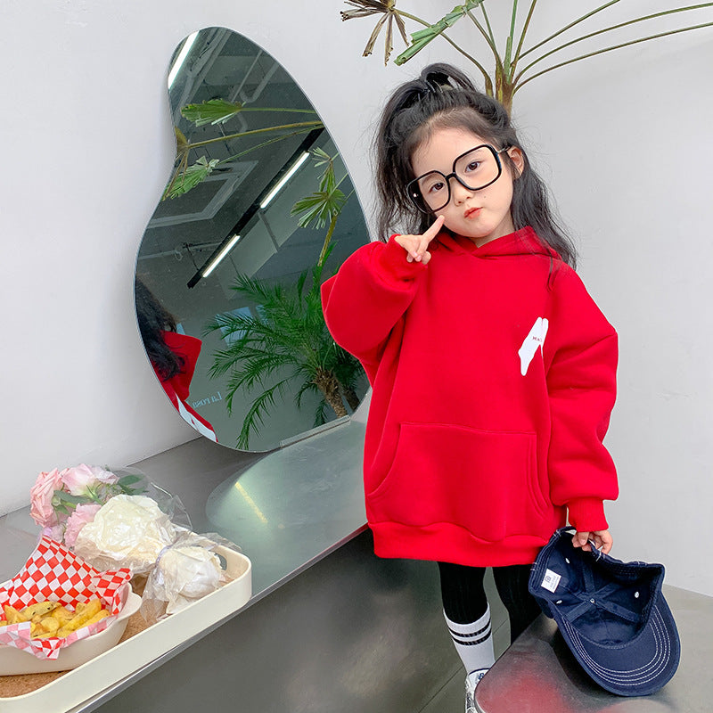 Korean children's clothing 2022 winter new Korean version children's velvet sweater jacket boys and girls hooded printed jacket trendy